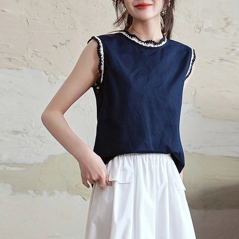 

Fashionable Chic Summer New Vest Shirts Women's Spliced Round Neck All-match Sleeveless Camisole Blouse Tops