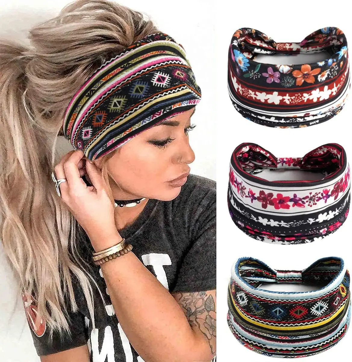 Boho Headband for Women Elastic Soft Wide Hairband Turban Flower Cotton Bandana Hair bands Hair Accessories for Yoga Sport