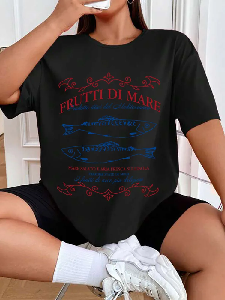 

Женский топ с графическим рисунком больших размеров, итальянская сардина, прибрежные пляжные футболки, винтажная хлопковая рубашка в стиле ретро в стиле бохо, милая футболка с короткими рукавами из морепродуктов
