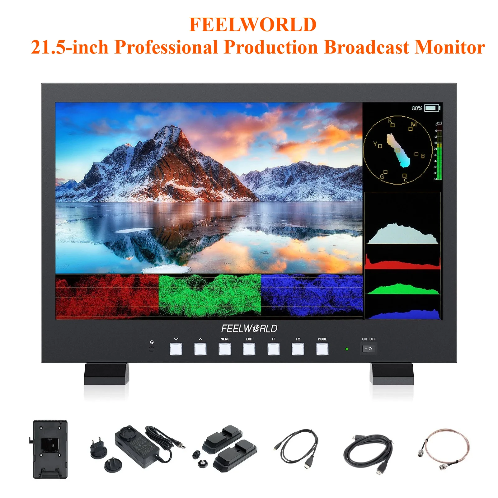 شاشة فيديو Feelworld FVM215-1000 مقاس 21.5 بوصة 1000NIT Pro، 4K I/O، طاقة V-Mount/XLR، LUT ثلاثية الأبعاد، أدوات تحليل الصور، قابلة للتركيب على VESA