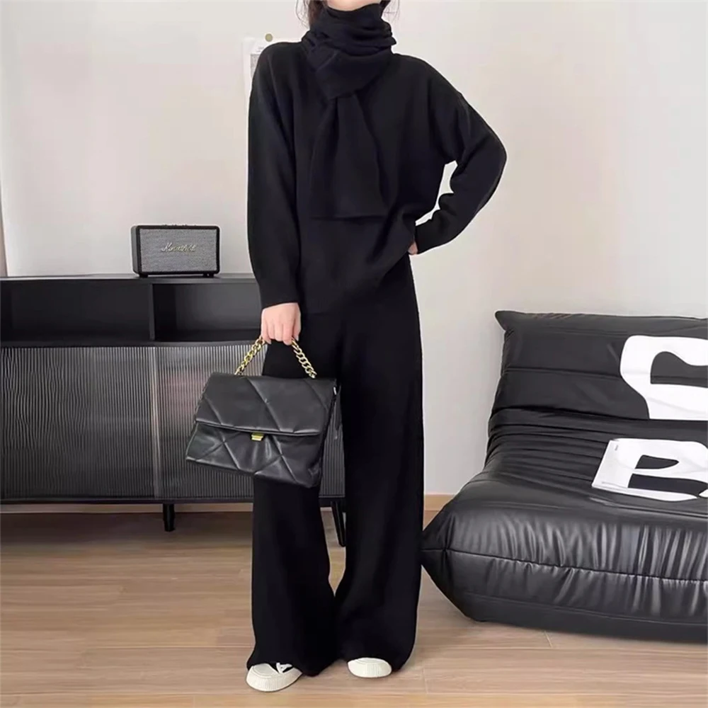 Korean Autumn Women Sweater Suit Pullover 3 Piece Sets Casual Knitwear Wide Leg Pants Casual Female  Knitted Sweater Trouser