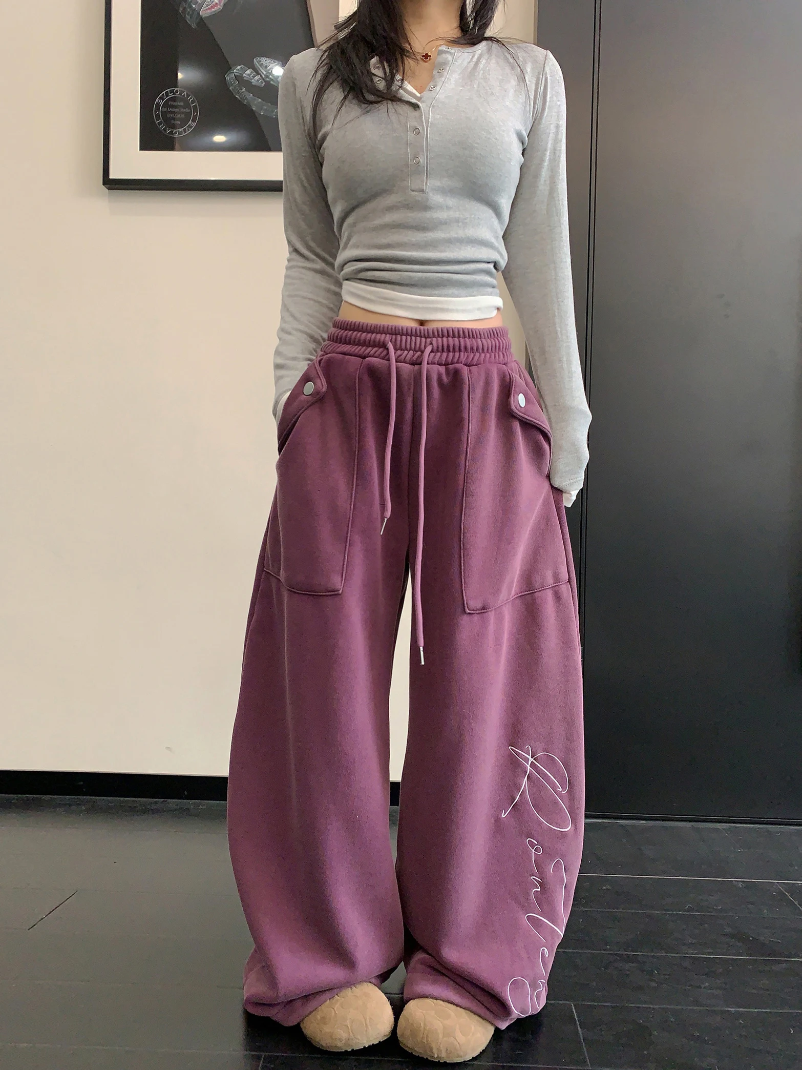 

Широкие брюки Thiened Fce, женские свободные удобные повседневные брюки, винтажные облегающие длинные брюки, хлопковый материал