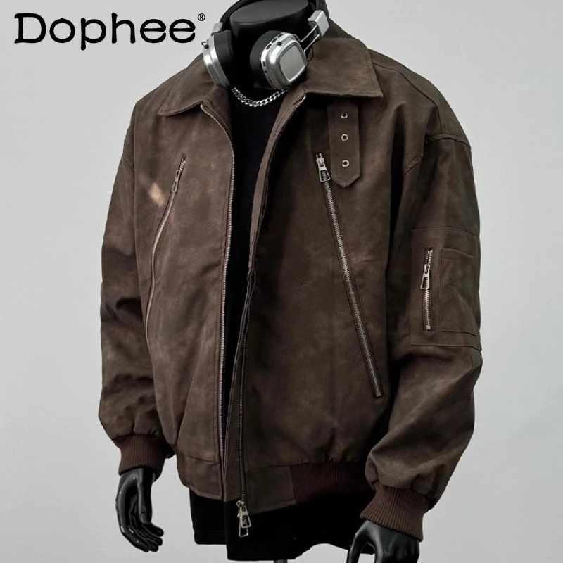 

2025 Spring Autumn New Fashion Solid Color Faux Leather Jackets Men's Trendy Lapel Zipper Locomotive Clothing Men's Retro Jacket