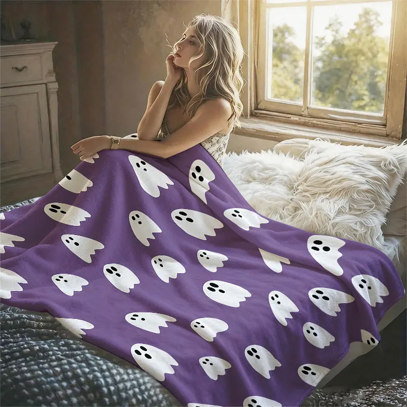 Purple Ghost Print Flannel Blanket Warm Soft Halloween Christmas Decorative Couch Warm Cozy All-Season Gift