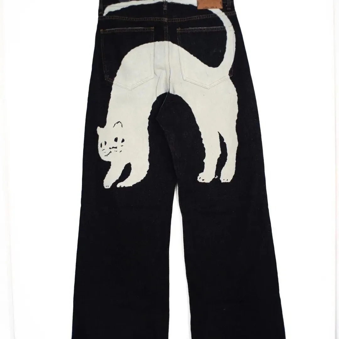 

Harajuku Y2K Kawaii Gothic Casual Style Straight Wide Leg Vintage Rabbit Trim Jeans Pants for Men