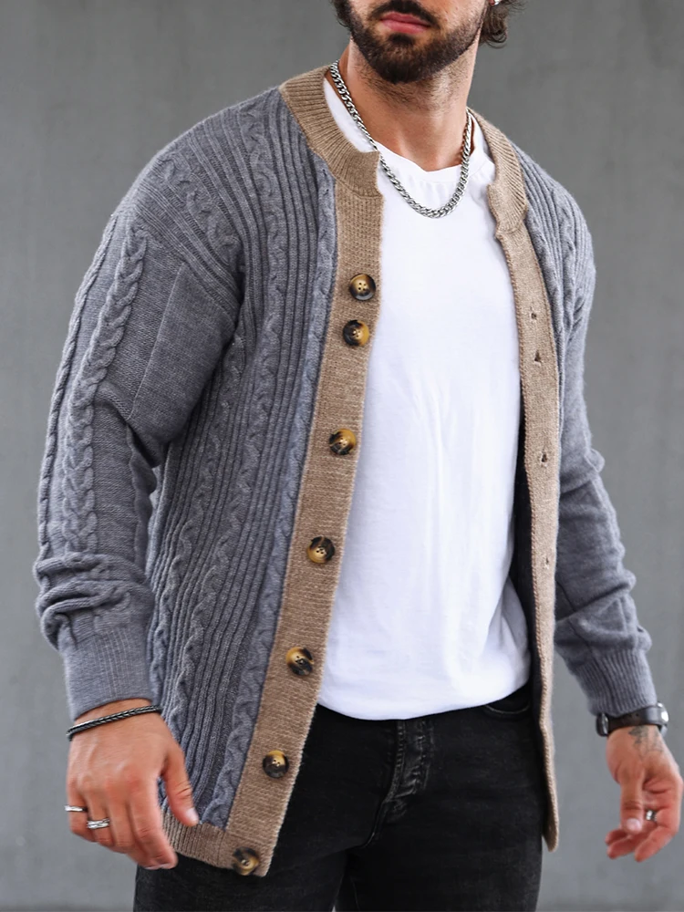 Stylish Long Sleeve Knitting Jackets Men Autumn Vintage Patchwork Twist Jacquard Sweater Jacket Streetwear Mens Fashion Sweaters