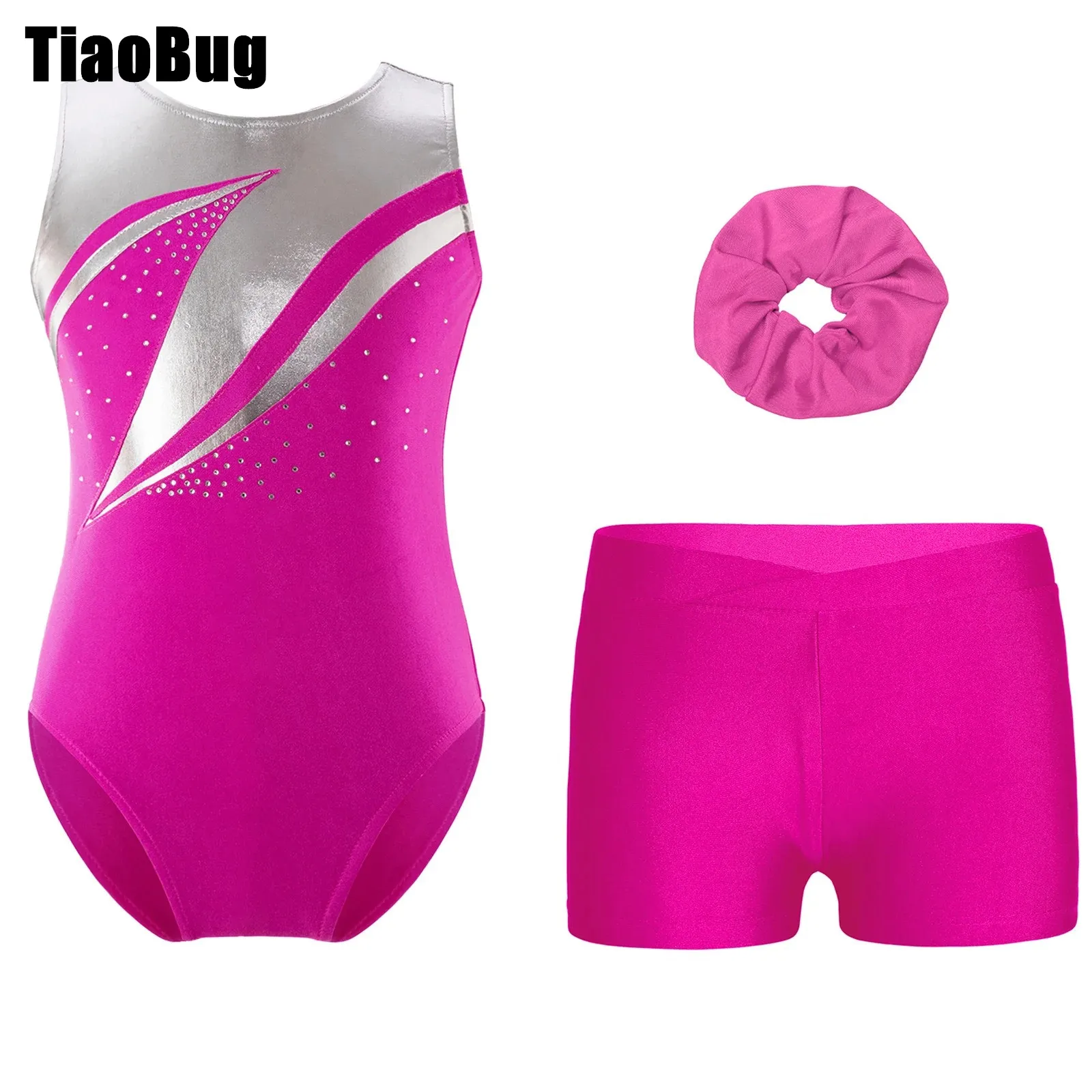 

Kids Girls Ballet Outfit Sleeveless Metallic Shiny Rhinestones Leotard with V-front Waistband Shorts And Hairband Gymnastics