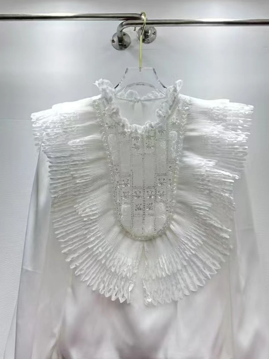 GALCAUR solide épissé Fufflesl chemise française femme col rond manches longues ample élégant littéraire femmes chemises automne mode nouveau