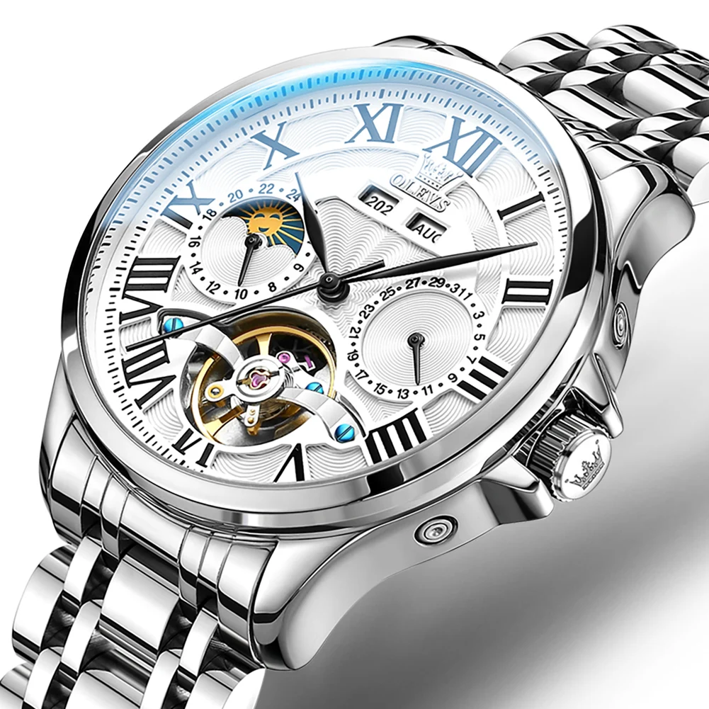 OLEVS Tourbillon Hollow Mechanical Wristwatch for Men Moon Phase White Roman Dial Stainless Steel Strap Casual Automatic Watch