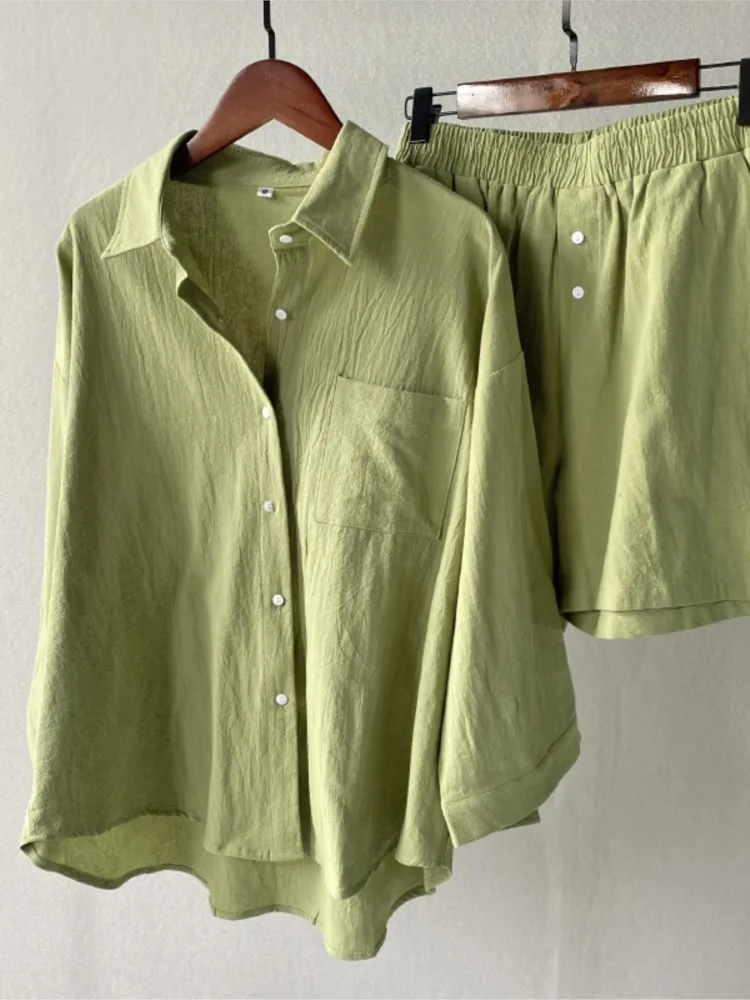 

Fashion Long Sleeve Shirt And Shorts Two Piece Sets 2024 Woman Spring Summer Cotton Linen Casual Home 2 Piece Set For Women