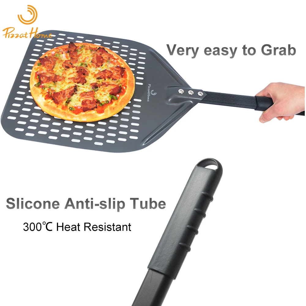 PizzAtHome 14/13/12 Inch Perforated Pizza Peel Rectangular Pizza Shovel Aluminum Hard Coating Pizza Peel Paddle Short Pizza Tool