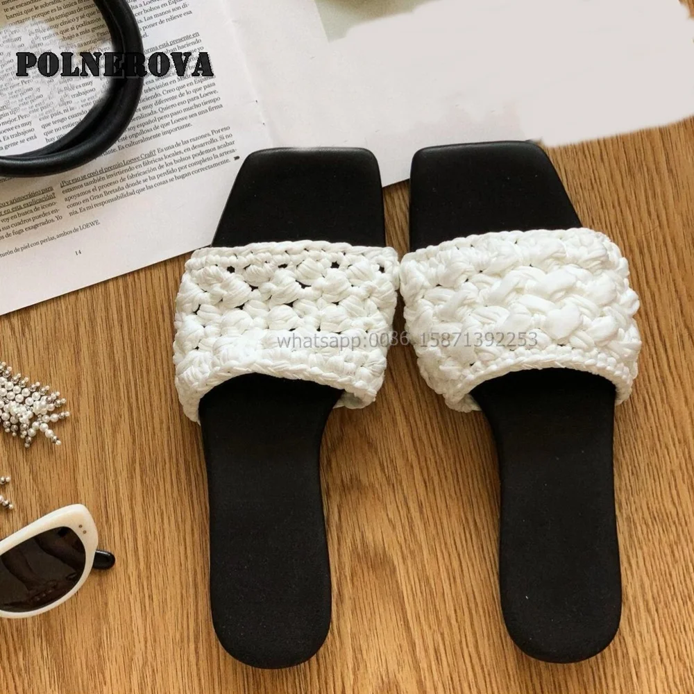 

Woven Bicolor Shallow Flat Slippers Square Toe Side Air Slingback Slip On Casual Women Slides Concise Comfortable Vacation Shoes