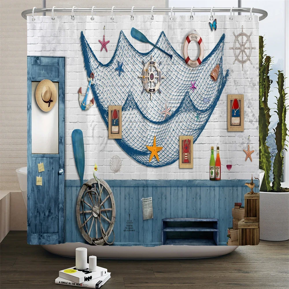 Sailboat Waterproof Bathroom Shower Curtains Sea Navigation Bath Curtains 3d Printing With Hooks 180*180cm Washable Cloth