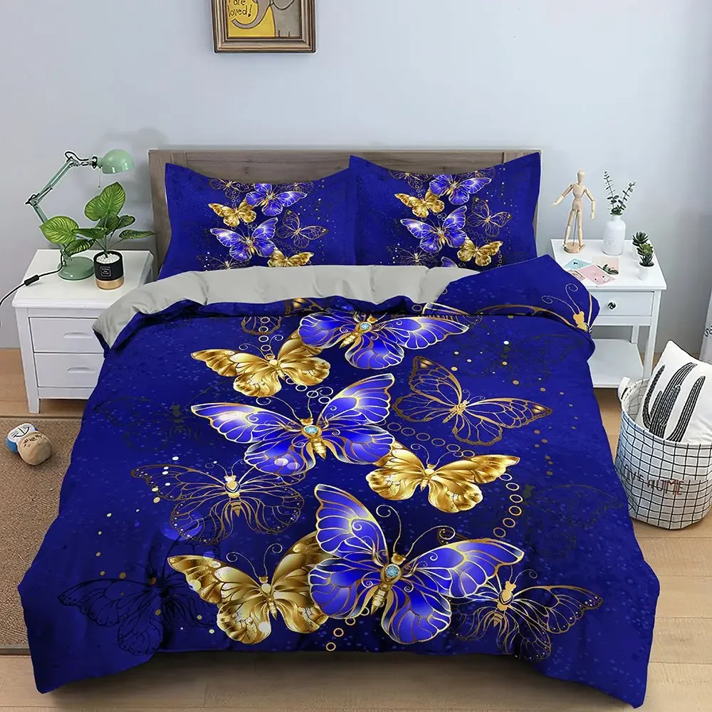 Gold Butterfly Duvet Cover Set for Girls Gold and White Butterflies Bedding Sets Flying Butterfly Black Luxury Comforter Cover