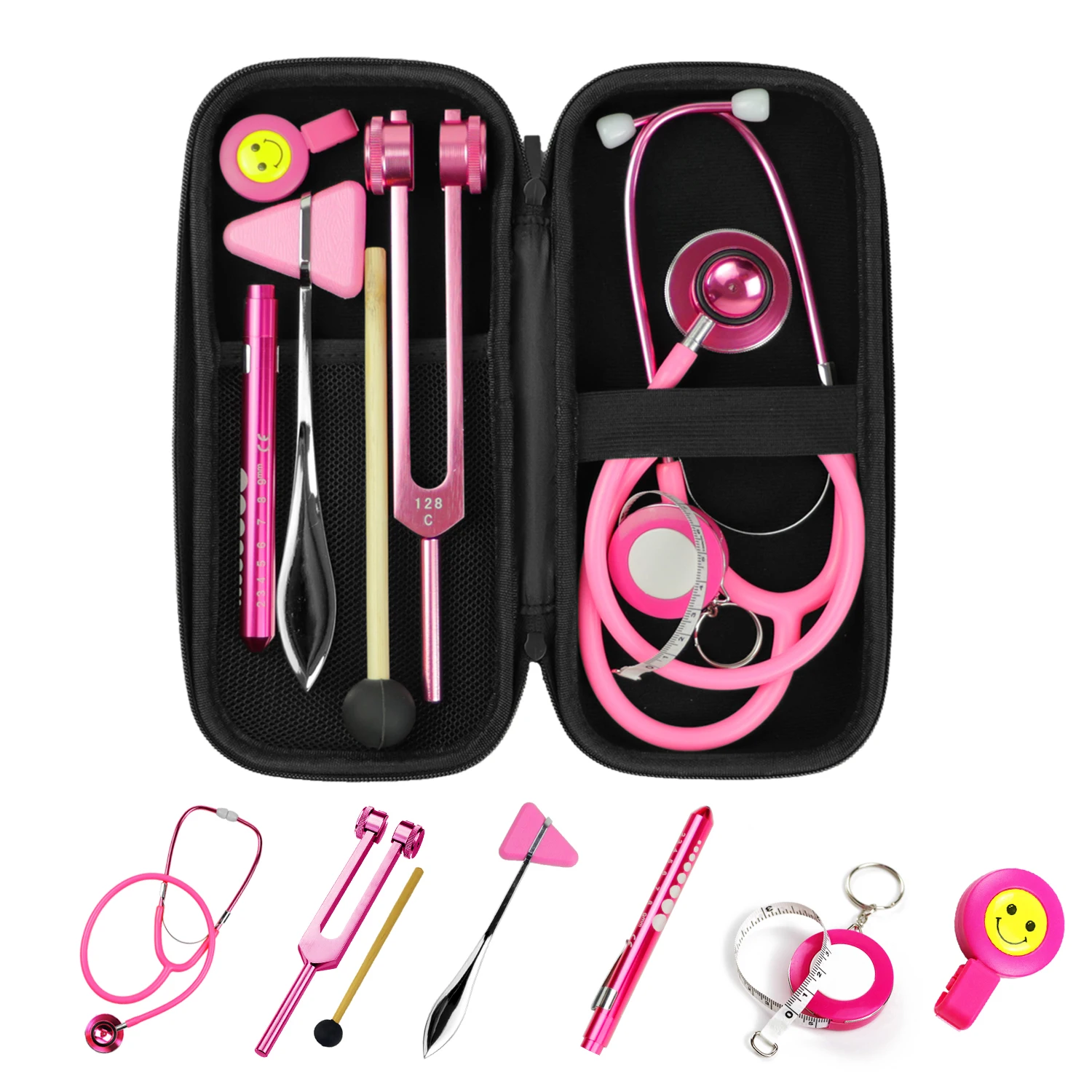 Pink Medical Health Monitor Storage Case Bag Pouch Package Kit and Stethoscope Tuning Fork Reflex Hammer LED Penlight Torch Tool