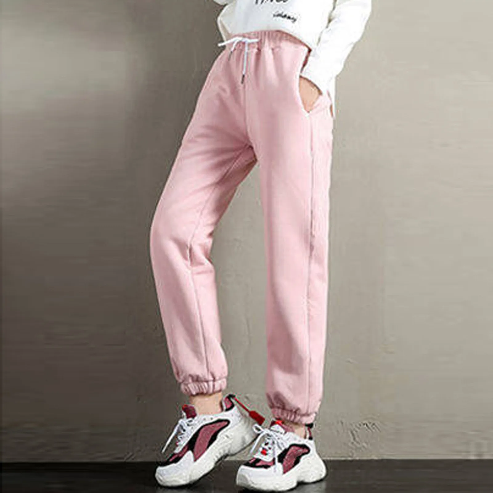 Winter Lamb Wool Warm Casual Pants For Women Pink Leggings Plush Thickened Fleece Lined Sweatpants High Waist Stretchy Trouser