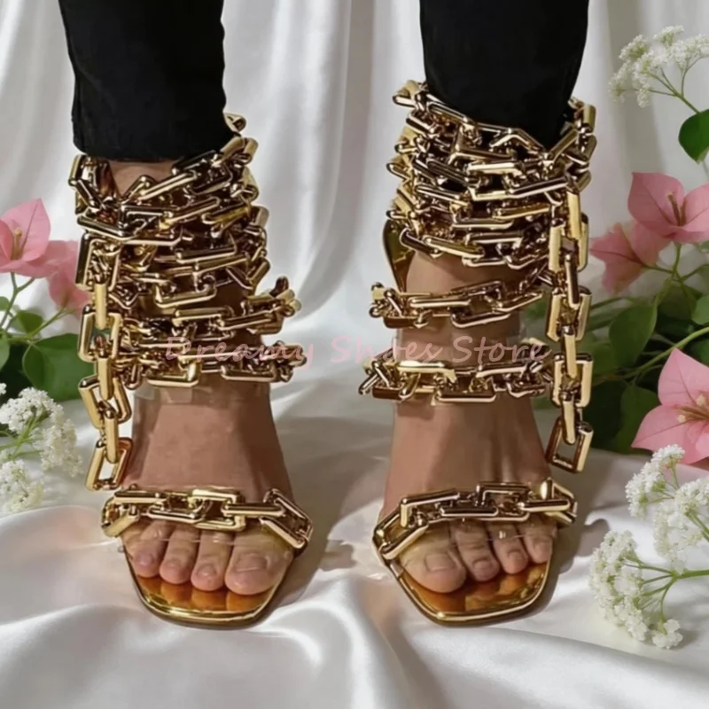

Gold Chunky Chain PVC Ankle Wrap Stiletto Pumps Women Pvc Ankle Strap Slingback Sandals Fashion Trendy High Heels New Arrival
