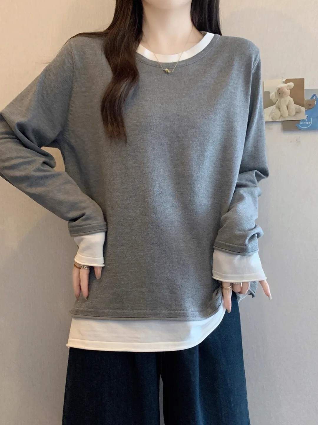

ay Long Sve T-irt Women's Base Layer irt Lazy Sle Top Korean Version Loose Fit Autumn Winter plus Size Faion