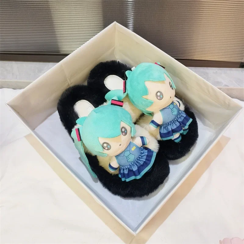 Kawaii Anime Hatsune Miku Cotton Slippers Wool Slippers New Autumn and Winter Women's Warm Fashion Wear Out At Home Thick Soles