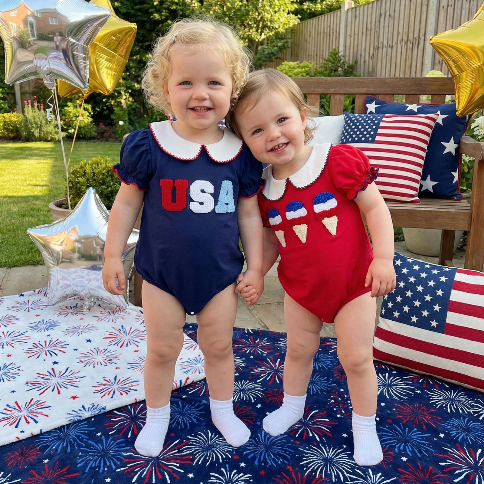 Baby Girl 4th of July Romper Fashionable Letter Embroidery Short Sleeve Patriotic Plaid Jumpsuits with Headband