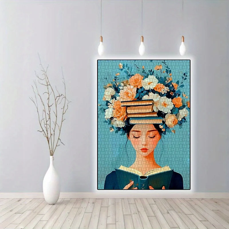1000 Uds rompecabezas de papel DIY, chica de lectura, rompecabezas de flores y libros, rompecabezas para niñas, rompecabezas ilustrado, blanco de alta calidad
