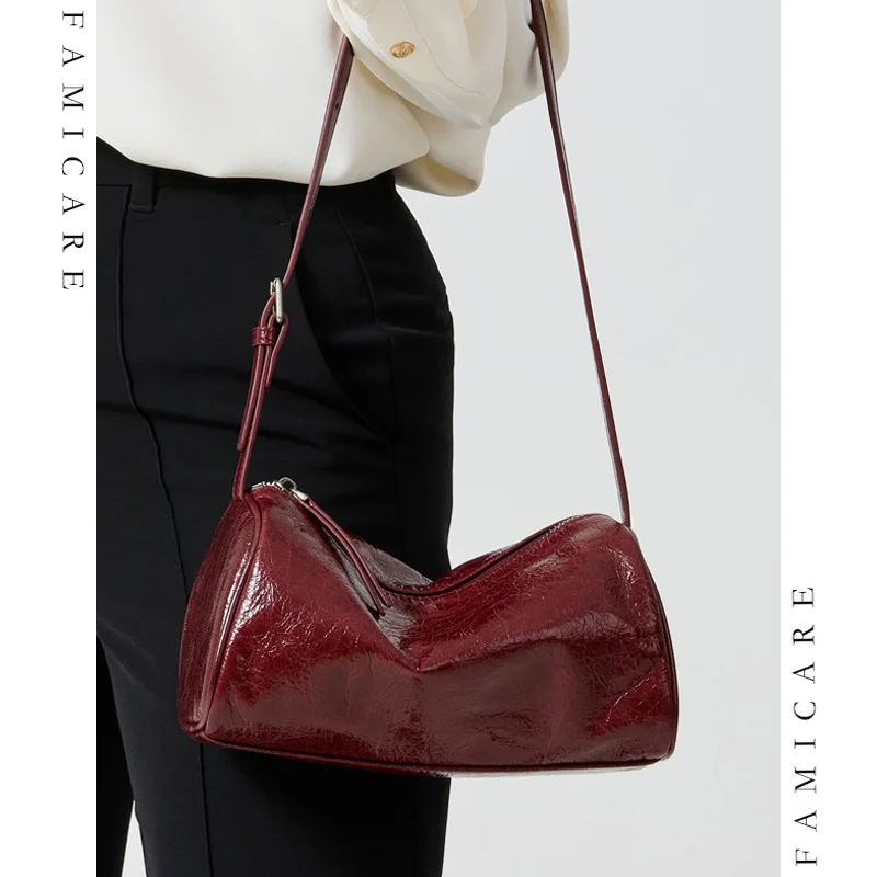 Women Top Layer Waxed Genuine Leather Cylinder Underarm Bag Minimalist Lady Solid Color Shoulder Handbags Casual Crossbody Bag