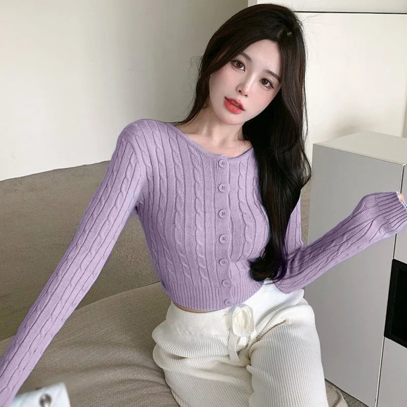 Women Vintage Slim Short Tops Knitted Cardigan Women's Coat Long Sleeve Round Neck Korean Sweater Spring