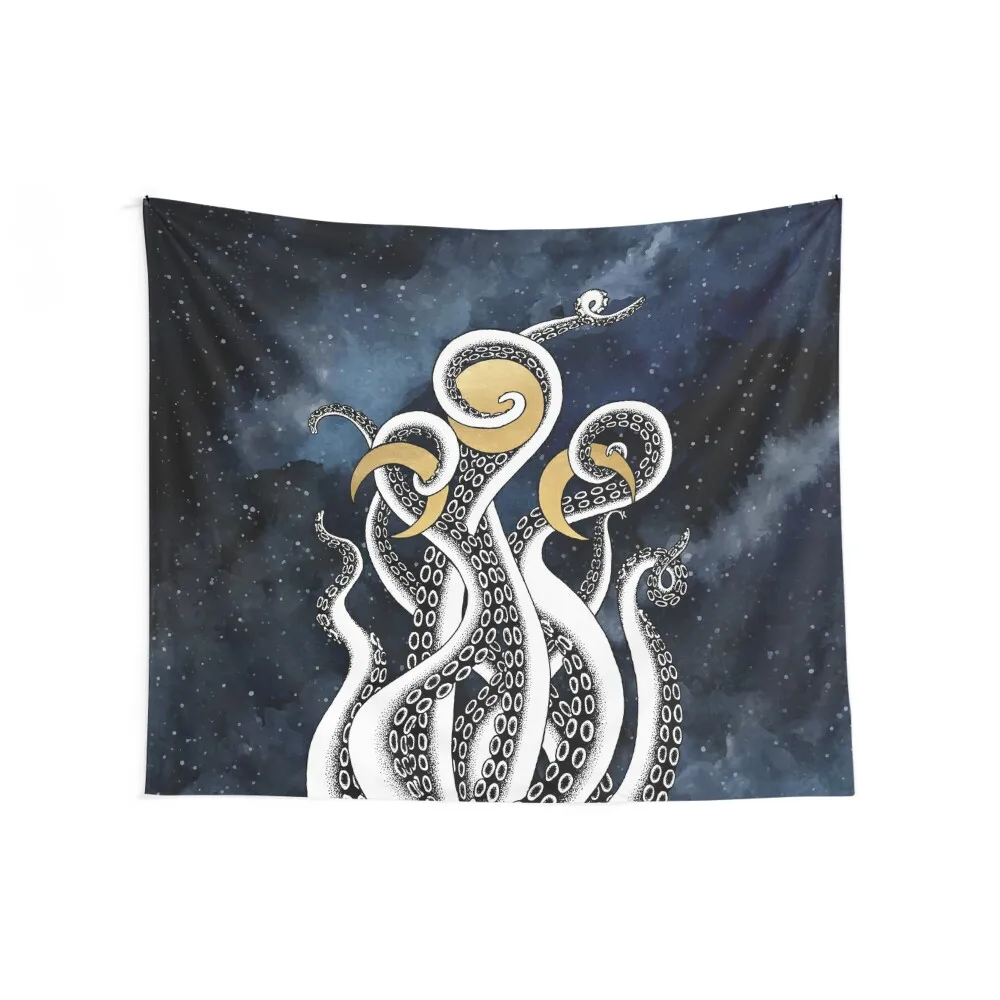 Esoteric cyberpunk kraken illustration with tentacles and moon phases Tapestry Aesthetic Home Decor Wall Mural Tapestry