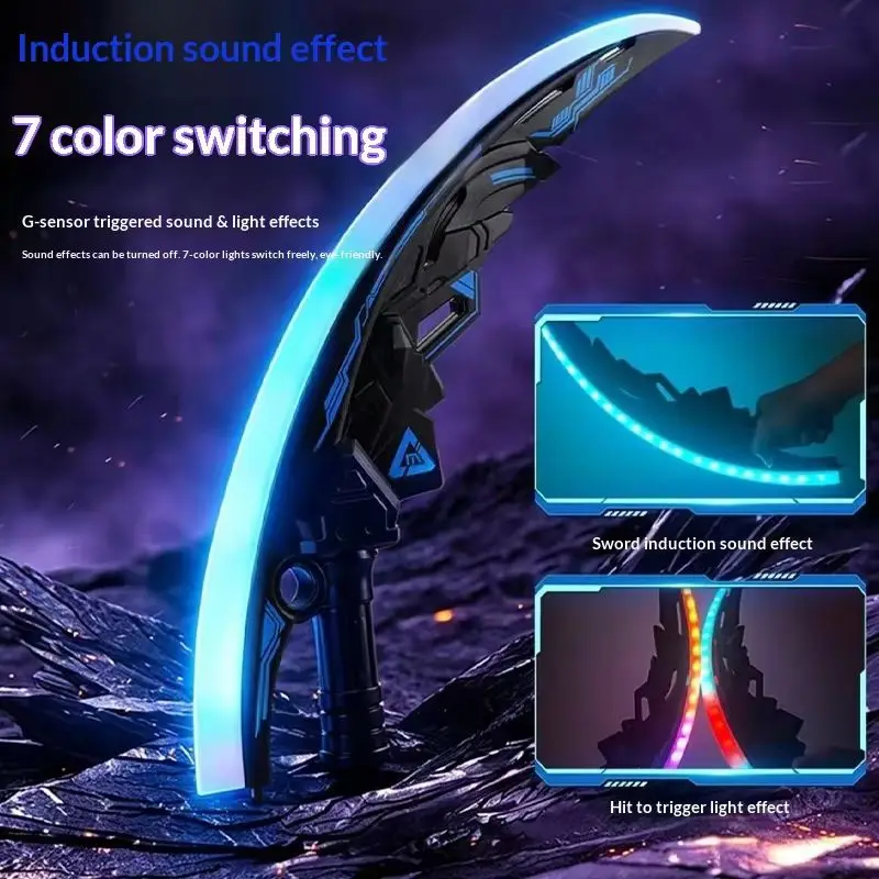 Full Moon Curved Blade Rgb Light Up Sword 360 Rotatable Dual Blade 2 In 1 Colorful Glow With Sound Effect Cosplay Prop For Adult