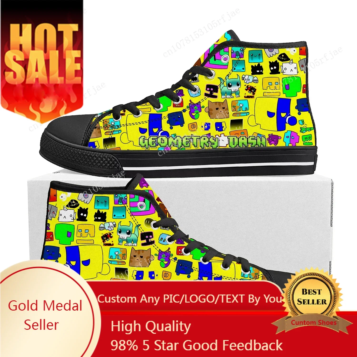 

Geometry Dash High Top Sneakers Cartoon Game Mens Womens Teenager Fashion High Quality Canvas Sneaker Custom Built Couple Shoes
