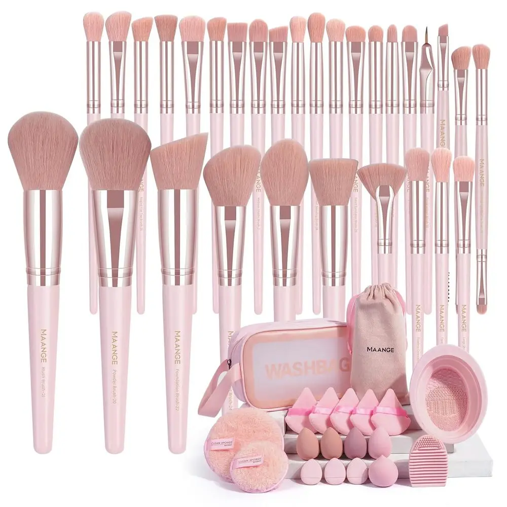 49-Piece Premium Synthetic Makeup Brush Set for Foundation, Powder, Concealer, Eyes, and Blush - Pink