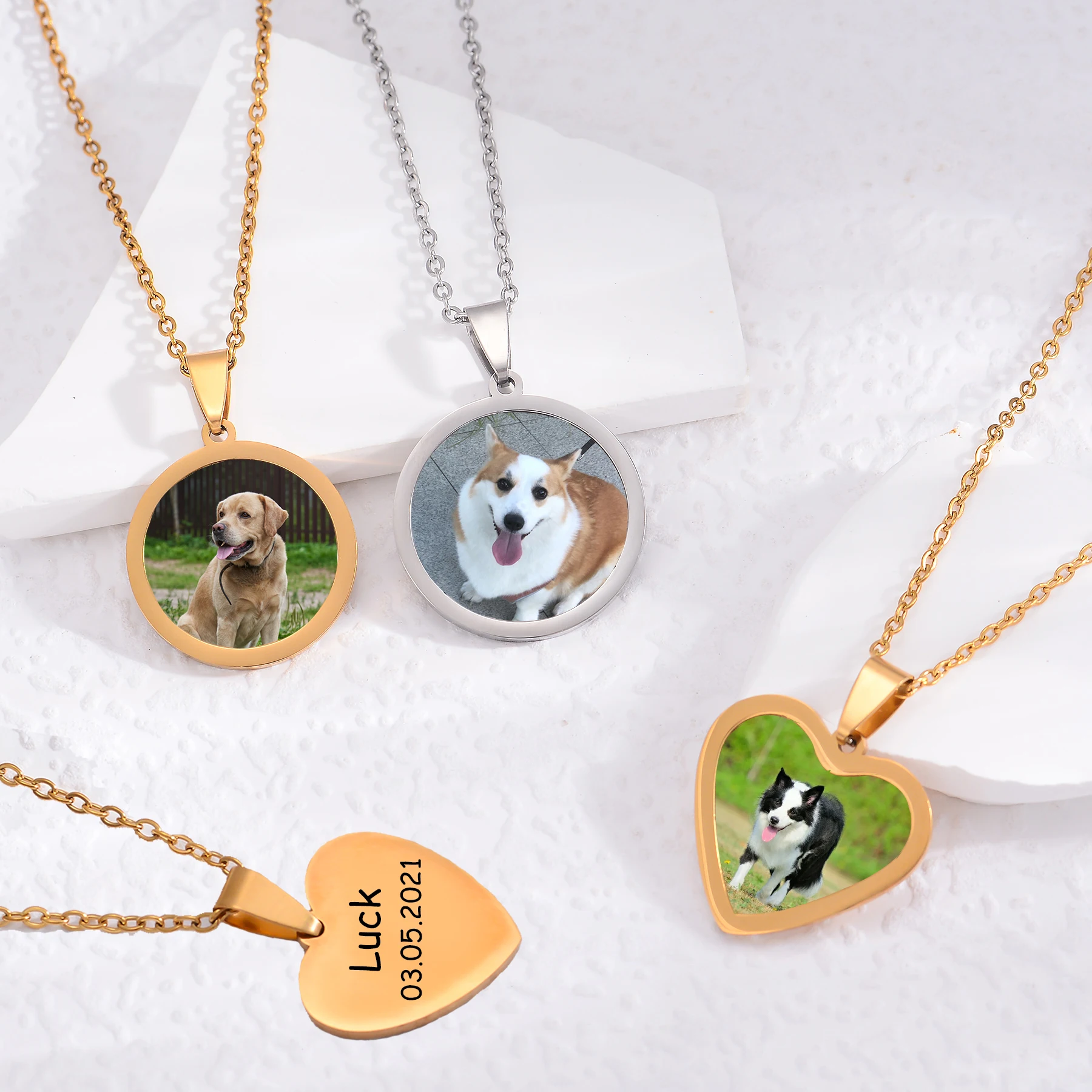 

Free Custom Photo Round Heart Pendant Necklaces Stainless Steel Love Memorial Pet Cat Dog Personalized Gift for Women