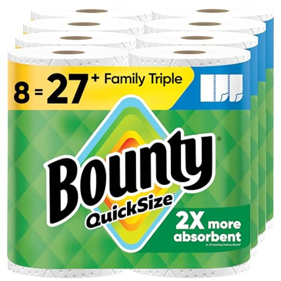 

Бумажные полотенца Bounty Quick-Size, белые, 8 семейных тройных рулонов = 27 обычных рулонов, идеально подходят для уборки на кухне, устранения проливов и ежедневных бытовых нужд.