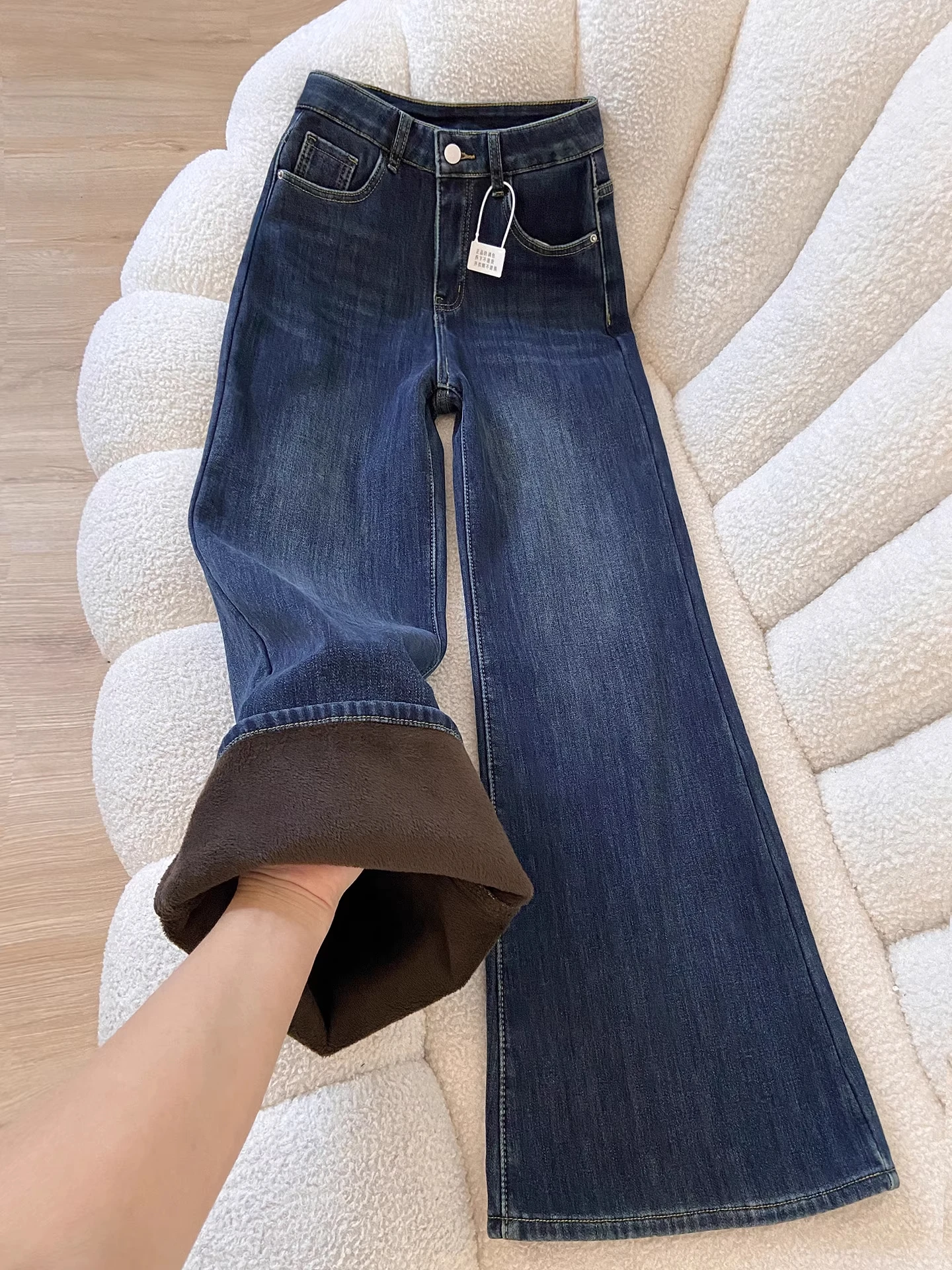 Deep Blue Velvet Micro Flaredl Denim Jeans for Women Autumn Winter New High Waist Slim Fit Jeans Thickened Warm Trousers