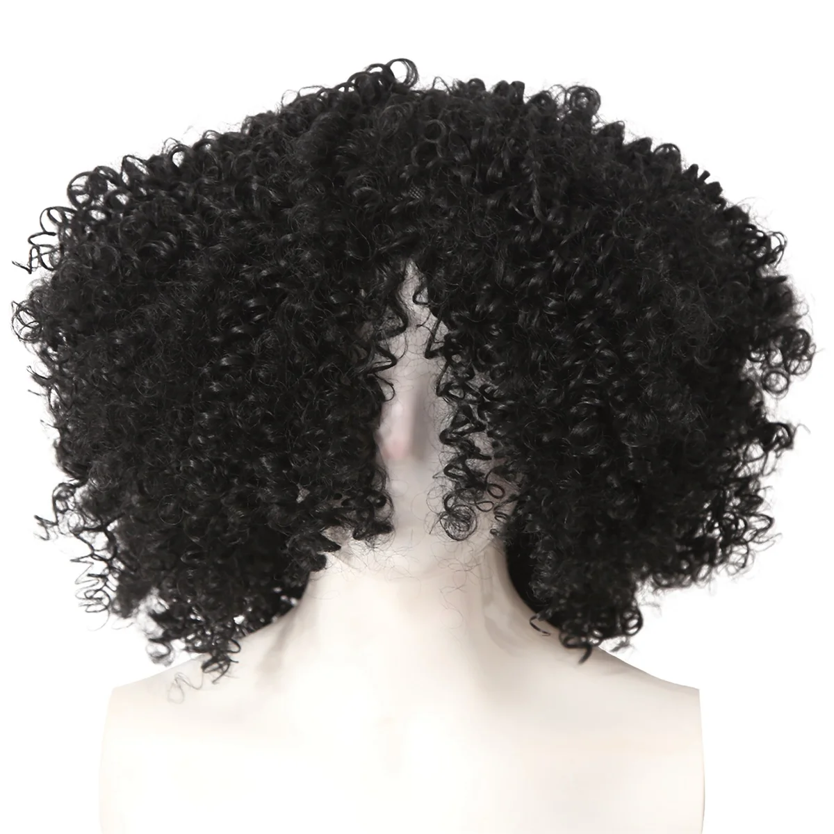 Peluca de pelo rizado corto para mujer africana, pelo negro de fibra química con flequillo, Cosplay, uso diario, 12 pulgadas