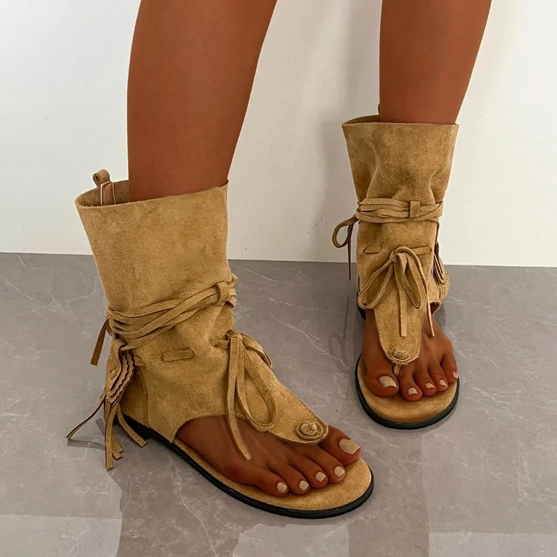 

Женские сандалии-гладиаторы в стиле ретро, женские винтажные ботинки с застежкой на носок, повседневные римские модные летние женские туфли с кисточками, новинка 2023 года
