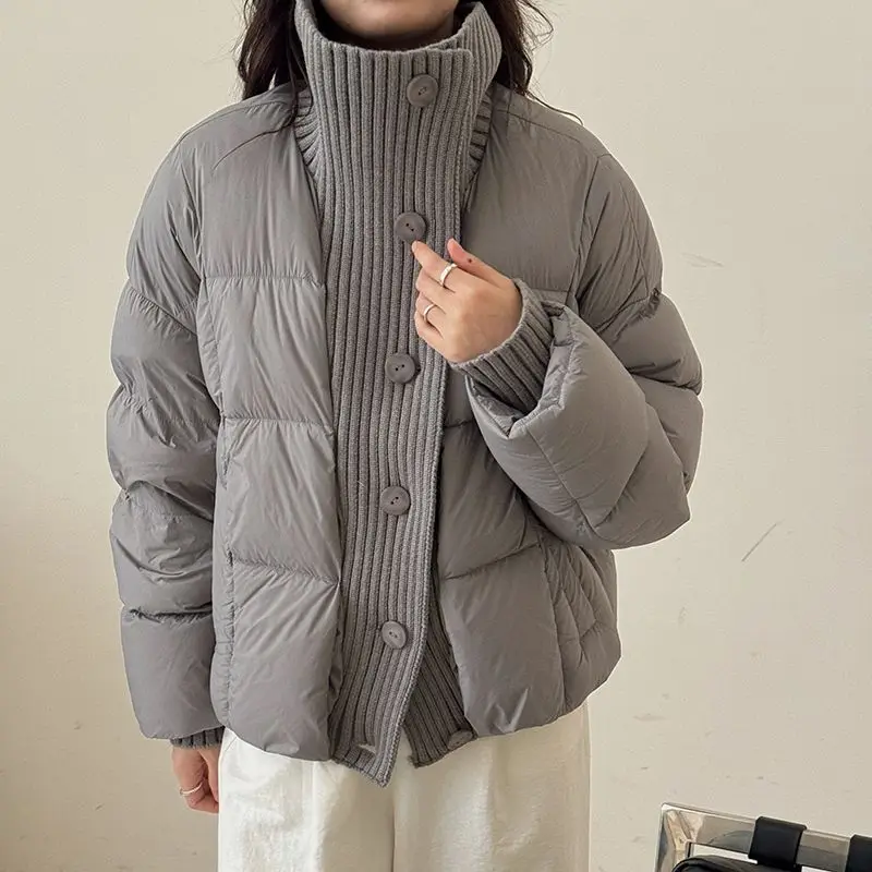 2025 Winter New Cotton Jacket Short Breadms Loose Knitted Splicing Cotton Jacket for Women