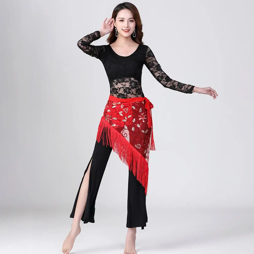 Hip Scarf Belly Dance Chiffon Wrap Skirt Sequins Tassel Belt for Women’s Oriental Dance Practice and Shows