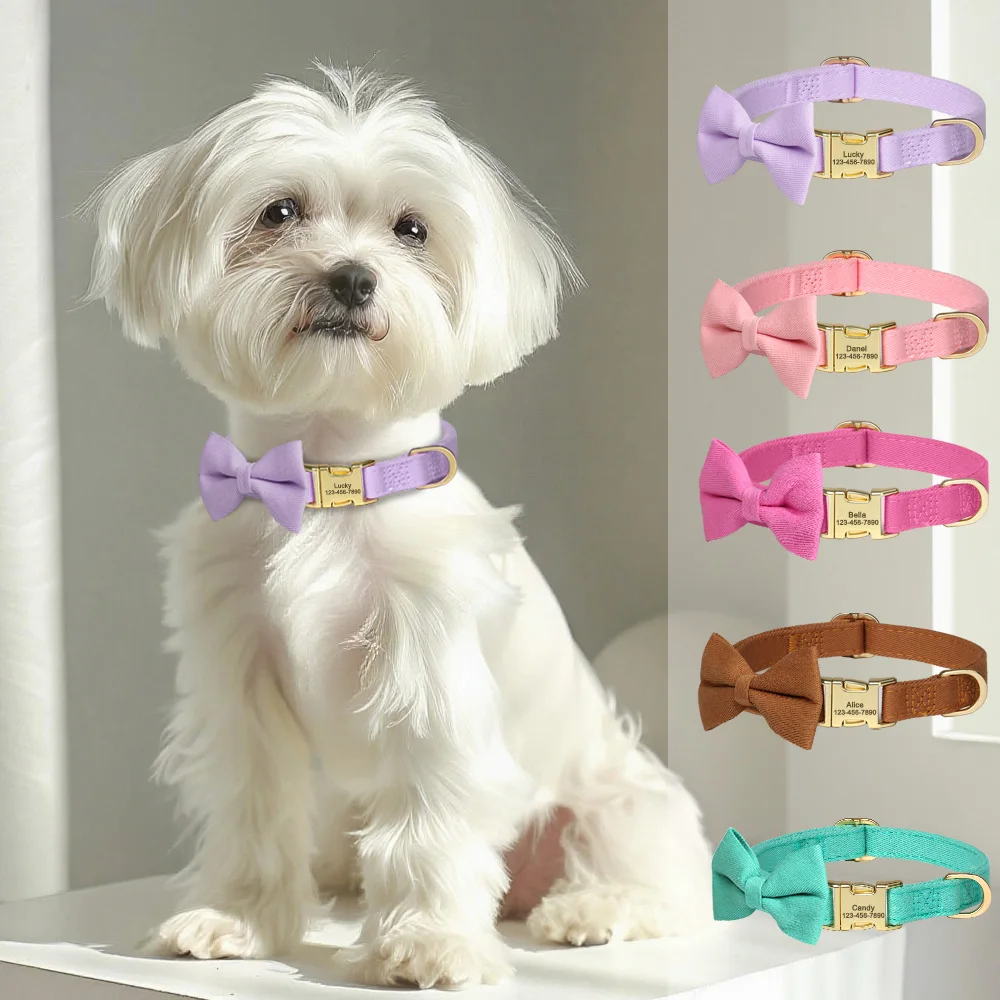 

Personalized Dog Collar Cute Bowtie Dog Nylon Collars Free Engraving Pet Buckle Collar For Small Medium Dogs Bowknot Accessory