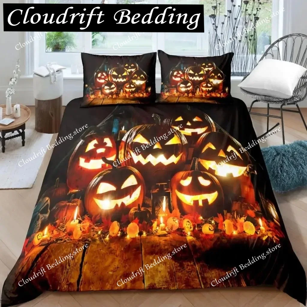 

Halloween Duvet Cover Set Halloween Pumpkin Ghost Festival Themed Bedding Set for Kid Boy Teen Microfiber Queen Size Quilt Cover