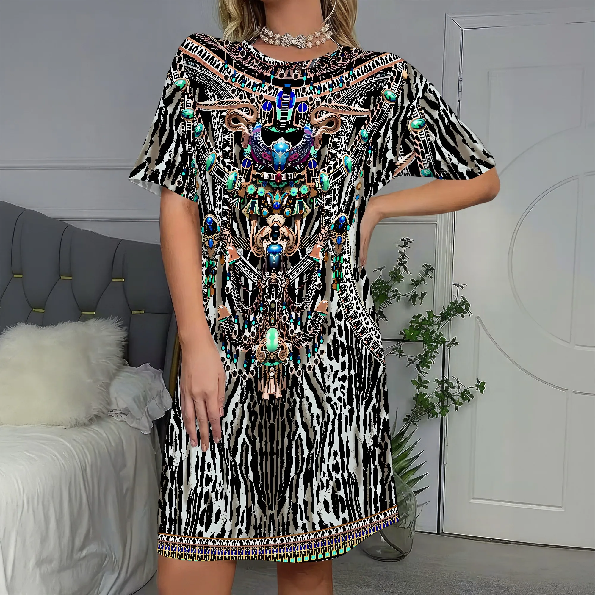 

Aztec Print, Boho Dress, Tribal Pattern Bohemian Style, Jewel Tone Ethnic Design, Vacation Wear Beach Outfit, S-2XL