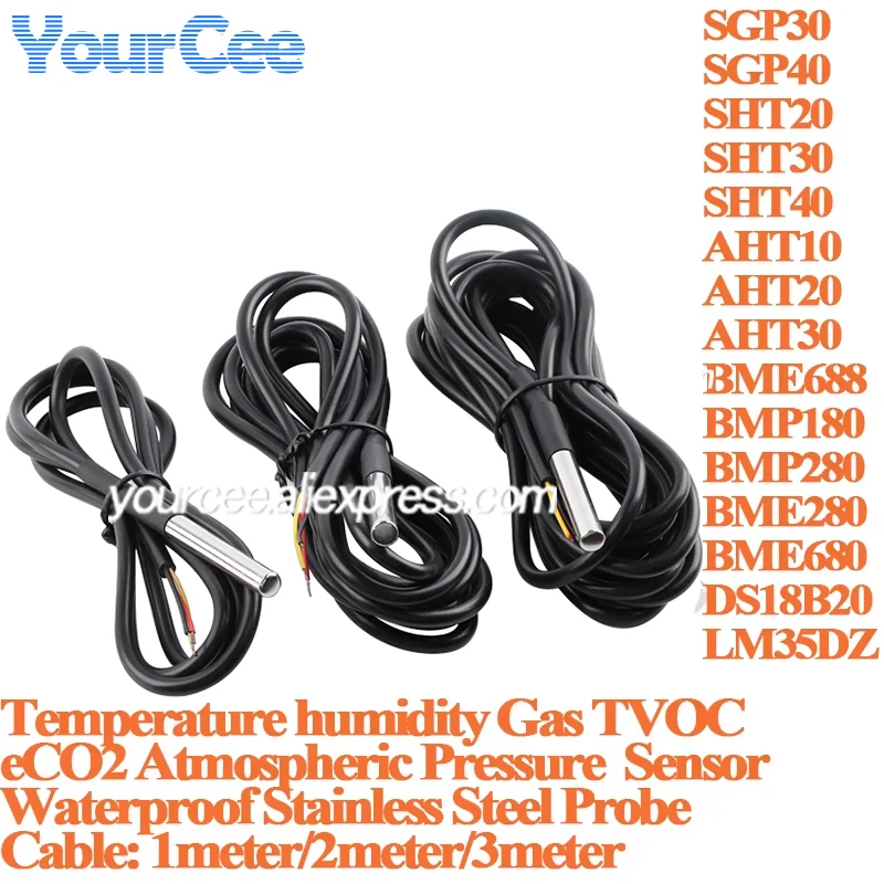 Sonda de Acero Inoxidable con Cable, Sensor de Temperatura, Humedad, Gas, TVOC, eCO2, Presión Atmosférica, LM35DZ, DS18B20, SHT20, SHT30, BMP280
