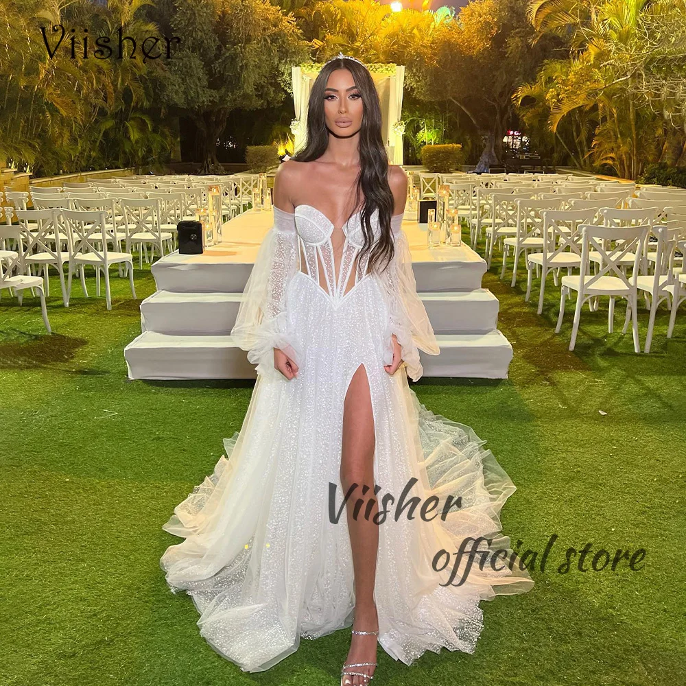 Viisher Sexy A Line abito da sposa gamba divisa illusione corsetto Sweetheart abito da sposa punteggiato Tulle lungo israele abiti da sposa Bridel