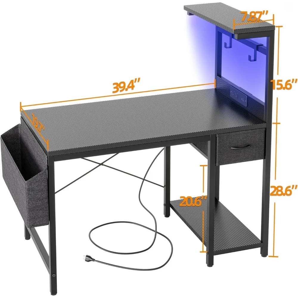 Mesa para jogos de 40 polegadas com tomada de energia e luz LED, mesa para computador com prateleiras reversíveis e armazenamento