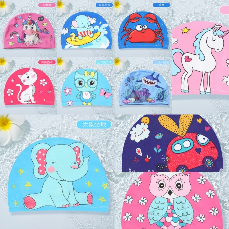 Touca de natação infantil com estampa de animal, desenho animado, à prova d'água, confortável, proteção para os ouvidos, dinossauro, golfinho, coruja, elefante, estampa fofa