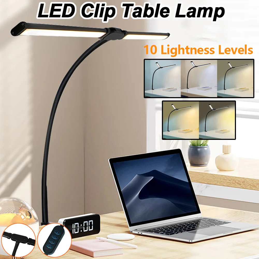 

Double Head LED Clip Desk Lamp Touch Button Bedroom Bedside Table Lamp for Home Office Reading Light 3 Color Adjustable