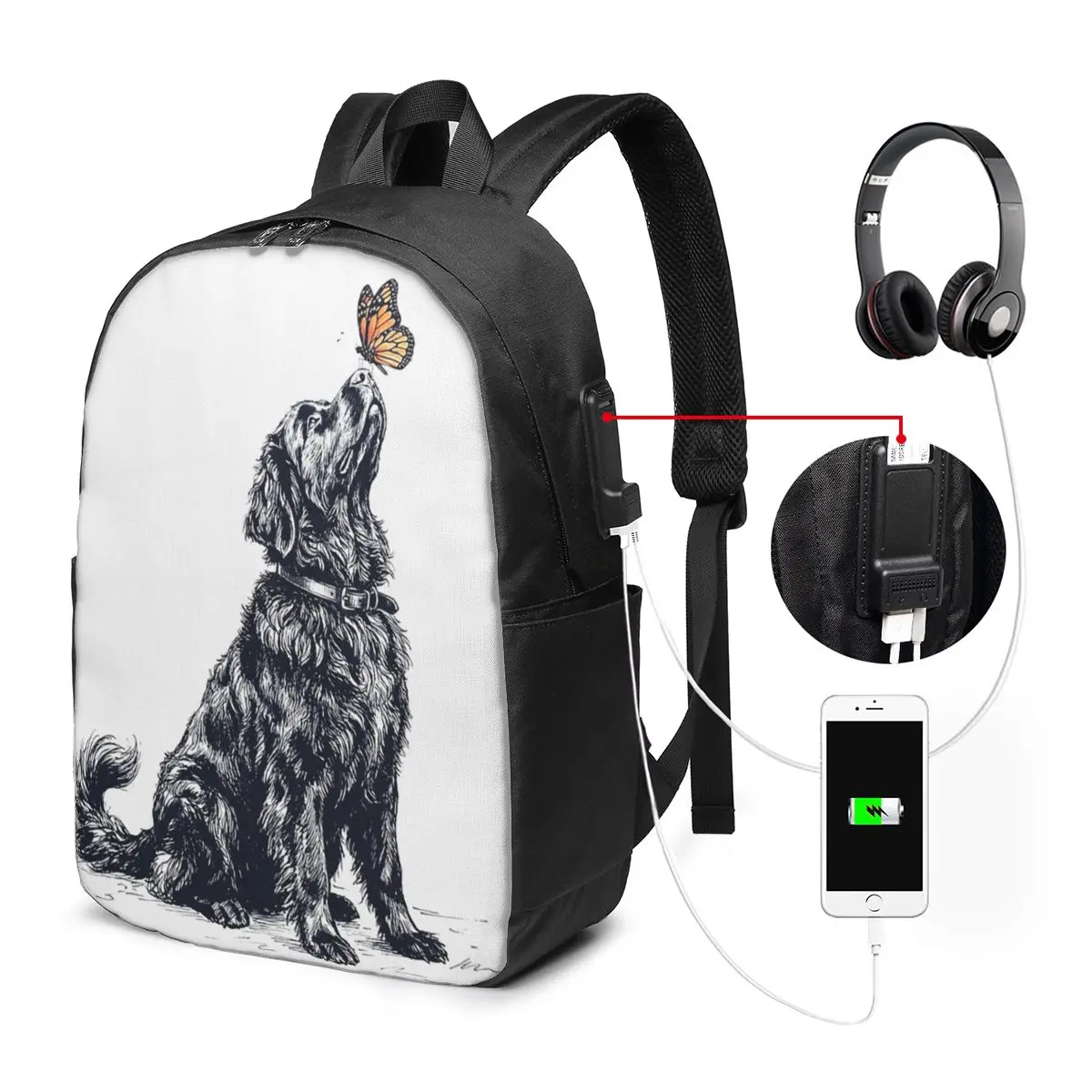 Black White Retriever With Butterfly Backpack Travel Notebook Bag Computer College Student School Bag Laptop Shoulder Bags