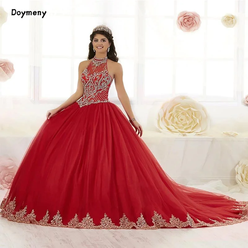 Doymeny Crystals Quinceanera Dress Halter Appliques Sleeveless Tulle Sweep Train Ball Gown vestidos de 15 quinceañera