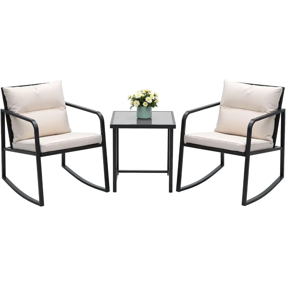 

3 Piece Rocking Bistro Set Wicker Patio Outdoor Furniture Porch Bring two garden chair Conversation Sets with Glass Coffee Table