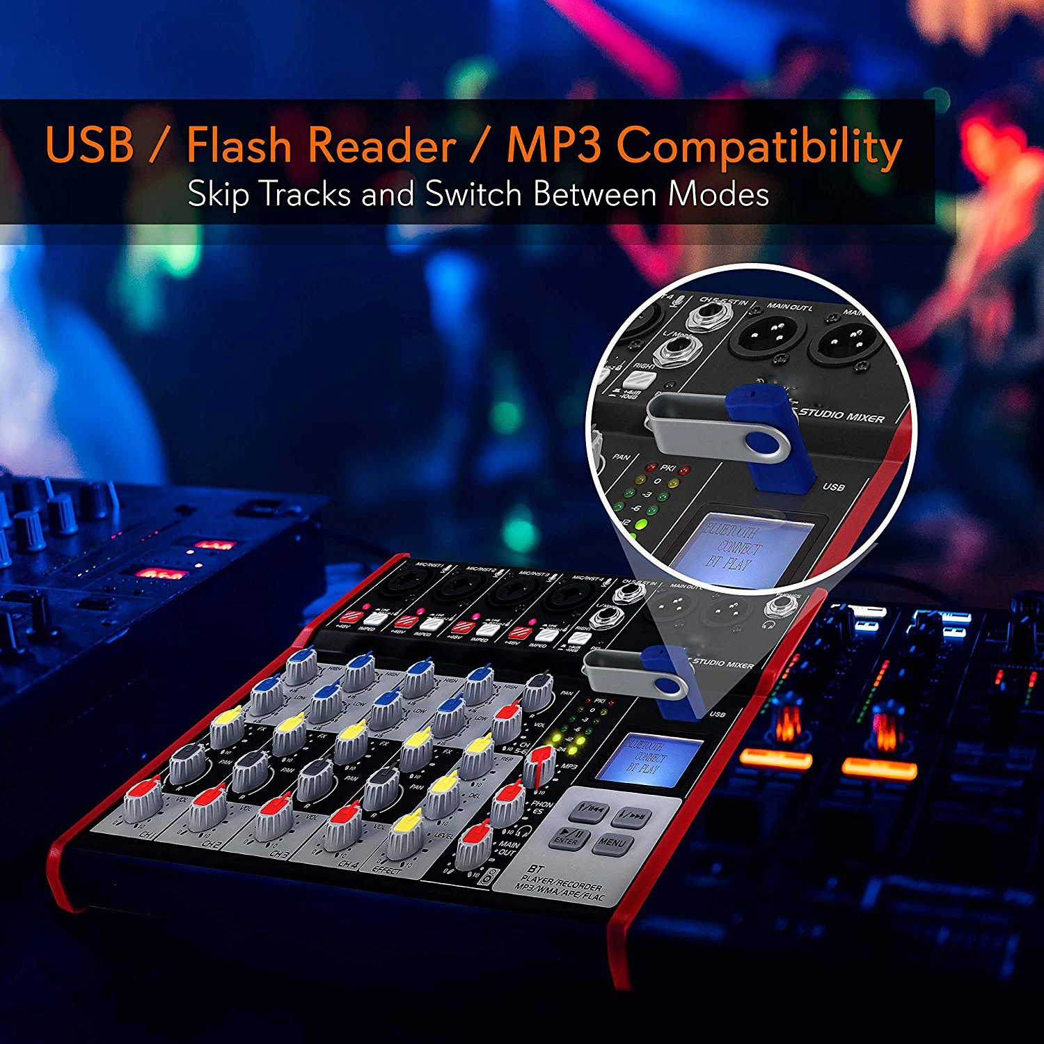 Professional 6-Channel Audio Console Mixer For DJ Music Karaoke Recording Studio With External USB Live Interface & Sound Card